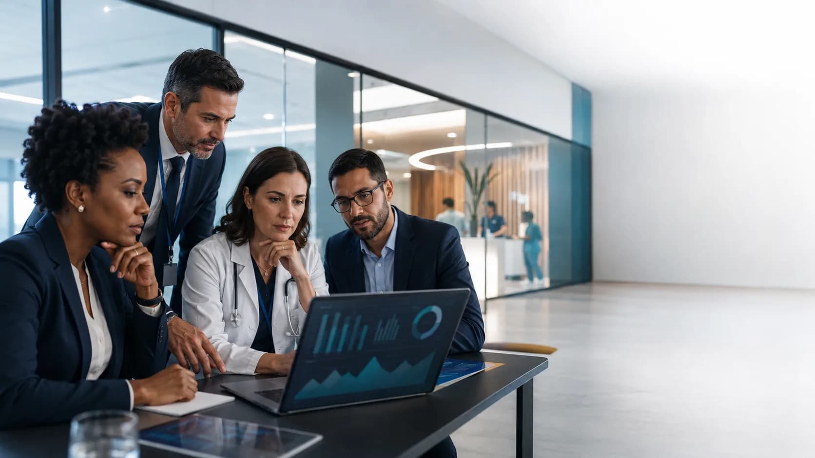 Lideranças de uma empresa de saúde analisando resultados digitais